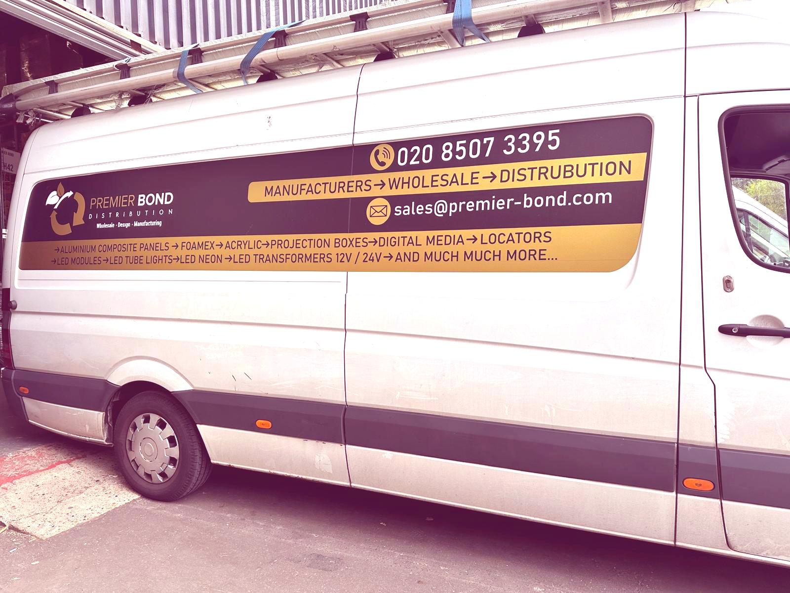 Premier Bond Distribution company van featuring branding, contact details, and a list of signage materials supplied.