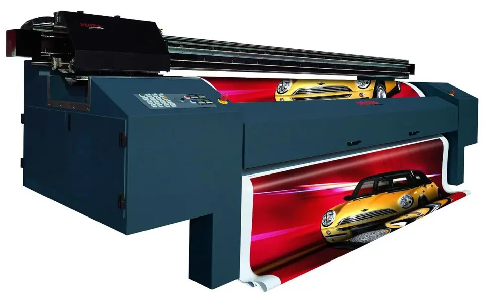 UV flatbed printer producing high-resolution, durable signage with vibrant colours.