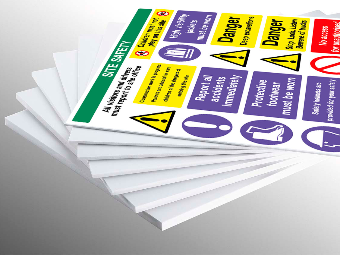 Custom printed signage boards for retail, corporate branding, and safety applications.