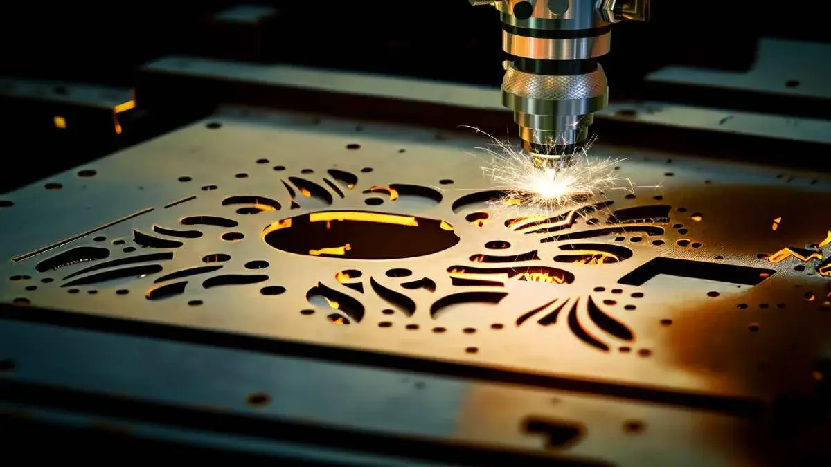 Close-up of a laser cutting machine creating intricate decorative patterns on a metal surface.