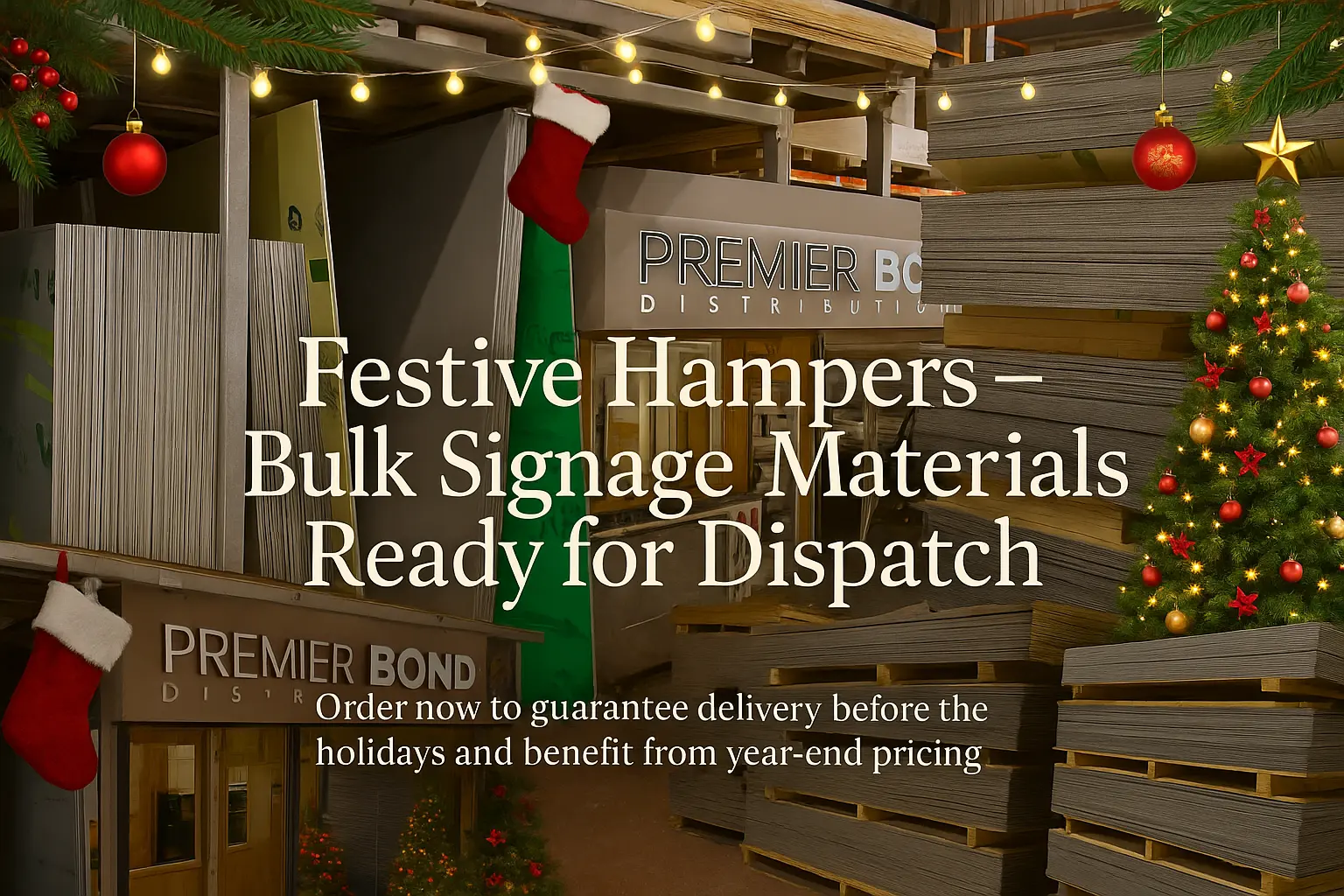 Premier Bond festive bulk signage materials ready for holiday dispatch Festive Christmas-themed warehouse scene showing Premier Bond bulk signage materials stacked on pallets with Christmas lights, ornaments and trees